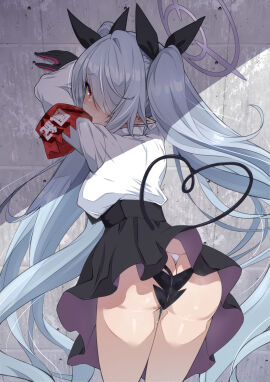 ass black_skirt blue_archive female grey_hair halo highres iori_(blue_archive) kirimmitsu looking_at_viewer looking_back pussy pussy_juice red_eyes shirt skirt solo thighs twintails white_shirt