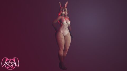 16:9 3d_(artwork) 4k absurd_res anthro blender_cycles breasts digital_media_(artwork) female fur genitals hair hi_res lagomorph leporid mammal nipples nude rabbit simple_background smile solo widescreen wynterbunny