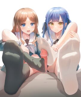 1boy 2girls absurdres anger_vein bang_dream! blue_eyes blue_hair blush brown_hair cum feet feet_visible_through_clothing female ffm_threesome foot_fetish footjob footjob_with_legwear highres long_hair looking_at_viewer male multiple_females multiple_girls nagasaki_soyo open_mouth pov sockjob socks soles soles_of_feet_in_socks taichi_suzuki toes toes_visible_through_clothing togawa_sakiko twintails yellow_eyes