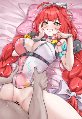 1boy 1girls absurdres bar_censor big_penis blush breasts bulge censored commentary_request daram_(shappydude) female glasses green_eyes green_hair heart heart-shaped_eyewear heart-shaped_glasses heart_glasses highres large_breasts long_hair male missionary mosaic_censoring official_alternate_costume penis pov pussy red_eyes red_hair sex sphere_hair_ornament spread_legs stomach_bulge straight swimsuit twin_braids twintails ukinami_yuzuha ukinami_yuzuha_(tanuki_in_broad_daylight) vaginal_penetration zenless_zone_zero