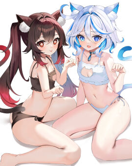 2girls animal_ears bare_shoulders black_bra black_panties blue_eyes blue_hair blush bra breasts brown_hair cat_cutout cat_ear_panties cat_ears cat_lingerie cat_tail choker cleavage_cutout clothing_cutout female female_only furina_(genshin_impact) genshin_impact highres hu_tao_(genshin_impact) jewelry light_blue_hair long_hair looking_at_viewer meme_attire multicolored_hair multiple_females multiple_girls navel open_mouth panties pendant red_eyes short_hair small_breasts smile streaked_hair symbol-shaped_pupils tail thighs tongue tongue_out tsukise_miwa twintails underwear white_bra white_hair white_panties