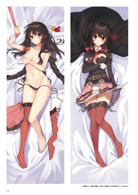 1girls arm_covers_breast armpits ass_visible_from_the_front bare_arms bare_belly bare_legs bare_shoulders bare_thighs barefoot bed_sheet belly_button belt big_breasts black_hair black_panties blush body_blush breasts cleavage collarbone dakimakura dakimakura_design feet female hair_ornament kono_subarashii_sekai_ni_shukufuku_wo! long_hair lying mishima_kurone mouth_closed no_bra official_art panties red_eyes red_thighhighs shiny_skin shirt_removed skirt skirt_lift skirt_removed smile thighhighs thighhighs_removed thighs tied_arm toes topless untied_panties yunyun_(konosuba) zettai_ryouiki