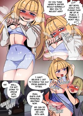 1girl 2boys blonde_hair blush breast_grab color comic disguise ellie_(impunderneath) ellie_skinsuit english_text female genderswap genderswap_(mtf) heavy_breathing humiliating_herself humiliation imposter impunderneath long_hair male_in_female_body original original_character panties perfect_disguise possessed possession public_sex purple_eyes skinsuit topwear_lift