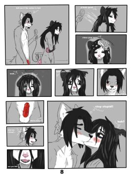 american_opossum anthro black_body black_eyes black_fur black_nose canid canine canis comic dialogue digital_media_(artwork) english_text female fur genitals grey_body grey_fur hi_res kia_(spikethefurry) male mammal marsupial monochrome nipples nude page_8 page_number penis pink_nipples pink_nose pussy red_penis solo spike_(spikethefurry) spike_the_furry text virginia_opossum white_body white_fur wolf