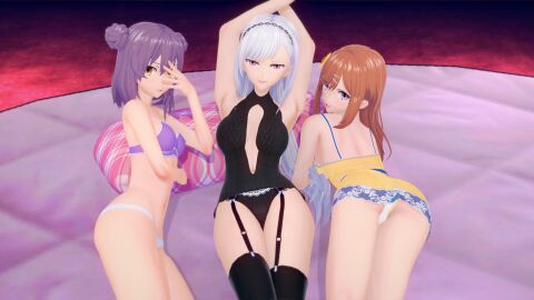 3girls armpits arms_up asahina_nazuna ass bare_shoulders bra breasts brown_hair classroom_of_the_elite cleavage_cutout closed_mouth double_bun dr._charlie female fff_threesome garter_straps group hair_bun hairband kiryuuin_fuuka koikatsu legs_together lingerie long_hair looking_at_viewer looking_back lying medium_breasts multiple_females multiple_girls navel notpistol on_back on_side on_stomach panties pillow purple_bra purple_eyes purple_hair purple_panties short_hair skirt small_breasts smile tachibana_akane_(cote) take_your_pick thighhighs threesome underwear white_bra white_hair white_panties yellow_dress yellow_eyes yellow_shirt