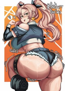 1girls ass belt big_ass big_breasts black_jacket black_jean_shorts black_jeans black_ribbon blowjob_gesture blush breasts breasts_out breasts_outside brown_belt bursting_butt cropped_jacket denim_jeans erect_nipples exposed_breasts eyebrows_visible_through_hair fellatio_gesture female female_only fur-trimmed_shorts gesture green_eyes hair_clips hairclip huge_ass jacket jean_shorts looking_back medium_breasts midriff mole mole_on_breast mole_under_eye motion_lines nicole_demara nipples o-ring off_shoulder onebutt_oneday_2024 open_mouth perky_breasts pink_hair pink_nipples ribbon ribbon_in_hair ribbons shorts skindentation smile solo spelledy studded_belt suggestive suggestive_gesture sweatdrop thick_thighs thigh_strap tongue tongue_out twintails zenless_zone_zero