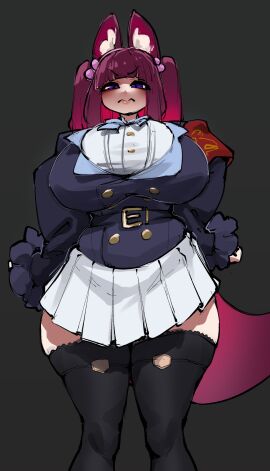 07th_expansion 1girls alternate_costume ange_ushiromiya animal_ear_fluff animal_ears animal_tail black_boots black_footwear black_jacket blue_ribbon blunt_bangs boots breasts buttons crr001 female female_only frilled_sleeves grey_background hair_bobbles hands_on_own_hips huge_breasts looking_at_viewer pleated_skirt purple_eyes purple_hair simple_background solo solo_female standing suggestive thick_thighs twintails umineko_no_naku_koro_ni wavy_mouth white_shirt white_skirt