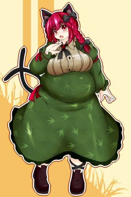 bbw belly_overhang big_belly big_female blush cat_ears chubby chubby_female embarrassed fat fat_female fat_fetish fatty female giantess large_female mini_giantess obese obese_female overweight overweight_female plump pork_chop rin_kaenbyou thick_thighs touhou tubby twintails weight_gain