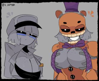 1girls 2d 2d_(artwork) 2d_artwork 2girls animatronic animatronic_female cleavage cleavage_cutout female female_only five_nights_at_freddy's five_nights_at_freddy's_4 fredbear_(fnaf) genderswap glasses grey_clothing grey_skin happydn henry_emily looking_at_viewer milf purple_bowtie purple_hat rule_63 springlock_suit