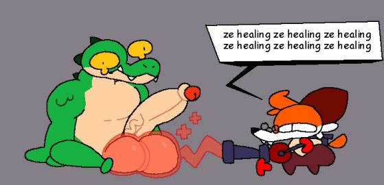 2024 animal_genitalia anthro ass balancedfox balls bfad big_balls big_penis black_eyes black_nose bodily_fluids bottomwear brown_bottomwear brown_clothing brown_ears brown_pants canid canine canis clothed clothing cosplay crocodile crocodilian crocodylid crossover crossover_cosplay digital_media_(artwork) duo eyewear fangs femboy fox fur furry genitals glasses gloves green_body green_nose green_scales grey_background hair half-closed_eyes handwear healing helm_(connivingrat) holding_object holding_ranged_weapon holding_weapon huge_balls huge_cock humor looking_at_another male mammal medi_gun medic_(team_fortress_2) meme multicolored_body multicolored_scales narrowed_eyes nude orange_body orange_fur orange_hair orange_tail pants penis pince-nez ranged_weapon red_clothing red_fox red_gloves red_handwear reptile scales scalie sharp_teeth simple_background sitting soups_(superiorfox) speech_bubble standing superiorfox tail tan_body tan_clothing tan_scales tan_shirt tan_topwear team_fortress_2 tears teeth text topwear true_fox two-tone_body two-tone_scales valve vein veiny_penis weapon white_body white_fur yellow_sclera ze_healing