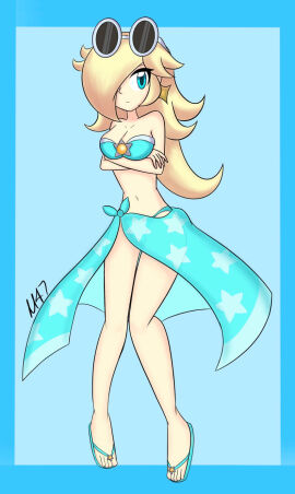 1girls bikini blonde_hair blue_bikini blue_eyes blue_sarong blue_swimsuit breasts earrings female flip_flops hair_over_one_eye large_breasts long_hair looking_at_viewer m-d-47 mario_(series) midriff navel nintendo princess_rosalina sandals sarong star_earrings sunglasses sunglasses_on_head swimsuit