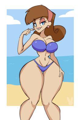 aged_up ass beach big_ass big_breasts bikini blue_eyes breasts brown_hair earrings female genderswap genderswap_(mtf) large_ass large_breasts mature_female milf nickelodeon public rule_63 slemka swimsuit the_fairly_oddparents thick_thighs timantha timmy_turner wide_hips
