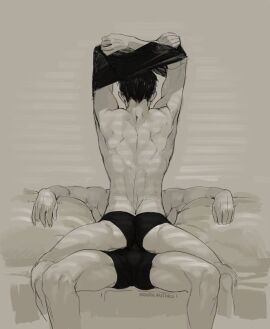 2boys artistic attack_on_titan bertolt_hoover black_and_white black_underwear couch duplicate gay male male_only manspreading masculine monochrome nenekantoku no_visible_genitalia reiner_braun shingeki_no_kyojin shirt_lift shirtless_male sitting_on_couch sitting_on_lap sitting_on_person underwear underwear_only undressing yaoi