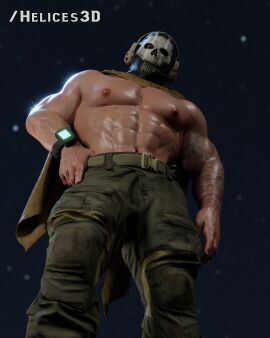 1boy 3d bara call_of_duty call_of_duty_modern_warfare_2_(2022) ghost_(modern_warfare_2) helices3d human light-skinned_male light_skin male male_focus male_only mask masked masked_male muscular muscular_male navel nipples shirtless simon_riley solo solo_focus solo_male tattoo