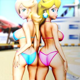 2girls 3d ass ass-to-ass big_ass big_breasts bikini blonde_hair blue_bikini blue_eyes breasts busty fat_ass female female_only hair_over_one_eye hand_on_leg hand_on_own_leg hand_on_own_thigh highres large_breasts legs long_hair looking_at_viewer looking_back mario_(series) multiple_females multiple_girls navel nintendo pink_bikini pink_lips pose posing princess princess_peach princess_rosalina seductive seductive_smile sideboob smile swimsuit thick_thighs thighs virtualblueam2