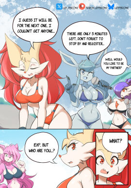 anthrofied beach big_breasts braixen bray_(lucyfercomic) breasts cleavage comic female furry game_freak glaceon huge_breasts lucyfercomic pokemon pokemon_(species) string_bikini tagme text thick_thighs wide_hips