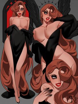 1boy black_dress blood_in_mouth blood_on_face brown-haired_male brown_hair brunette_hair dress eros_(krow07) femboy feminine_male heels high_heels krow07 light-skinned_male light_skin lipstick long_hair male no_pupils original original_character really_long_hair red_lipstick solo solo_male thighs white_eyes