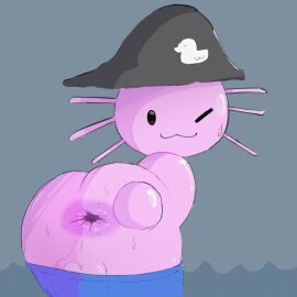 :3 amphibian anthro anus axolotl balls bara bodily_fluids clothing drop_(survive_the_wave) f_d_e_i_a floating_hands gay genitals hat headgear headwear hi_res male marine mole_salamander oeeo one_eye_closed roblox roblox_game salamander solo spread_anus spreading survive_the_wave sweat tower_heroes wink yaoi