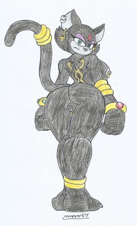 ass big_ass big_breasts big_butt black_body black_fur bracelets breasts earrings ebony_the_cat eyeshadow female fleetway_comics furry gold_(metal) gold_jewelry green_eyes grey_fur grey_nipples grey_pussy looking_at_viewer looking_back_at_viewer marlon64 naked_female naked_jewelry nipple_rings pierced_pussy pussy showing_ass showing_off showing_off_ass sideboob solo_female sonic_(series) sonic_the_comic tattoo_on_back traditional_drawing_(artwork) white_background
