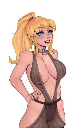 astra_(galaxy_of_scum) blonde_hair blue_eyes breasts cleavage collar dancer dancer_outfit female female_only femsub fishnets galaxy_of_scum harem_girl harem_outfit huge_breasts metal_collar nail_polish oola_(cosplay) painted_fingernails painted_nails ponytail revealing_clothes slave slave_collar slave_girl slave_outfit submissive_female voluptuous