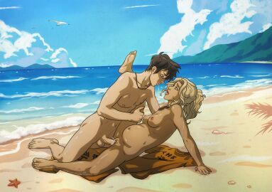 1boy 1girls annabeth_chase beach black_hair blonde_hair canon_couple discarded_clothing elmrtev female male necklace nude percy_jackson percy_jackson_and_the_olympians pregnant scars