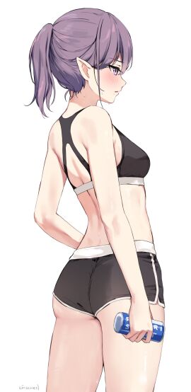 1girls absurd_res absurdres ass ass_cleavage ass_crack back bare_arms bare_back bare_belly bare_hands bare_legs bare_midriff bare_navel bare_shoulders bare_skin bare_thighs bare_torso belly black_sports_bra blush blush_lines blushing_female breasts butt_crack butt_crack_outline elbows female female_focus female_only fingers groin hair_between_eyes half_naked high_resolution highres hourglass_figure kaetzchen legs light-skinned_female light_skin misaki_(kaetzchen) naked naked_female nude nude_female open_mouth original parted_lips petite petite_body petite_breasts petite_female pointy_ears ponytail short_hair shoulders sideboob simple_background slender_body slender_waist slim_female slim_waist small_breasts solo sports_bra sports_shorts standing thick_ass thick_thighs thighs thin_waist underboob upper_body v-line white_background wide_hips