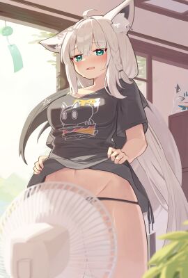 1girls animal_ears black_panties black_shirt braid breasts clothes_lift cooling_off deaver electric_fan fan fanning_crotch female fox_ears fox_girl hair_between_eyes hololive hololive_gamers hololive_gen_1 hololive_japan hot large_breasts lifted_by_self long_hair naked_shirt navel official_alternate_costume shirakami_fubuki sweat virtual_youtuber vtuber white_hair