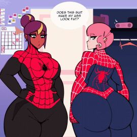 2girls bodysuit cdlum chocolate_and_vanilla crossover dark_skin female maple_(cdlum) marvel marvel_comics multiple_females multiple_girls pear_(cdlum) pink_hair skintight spider-man_(cosplay) spider-man_(series)