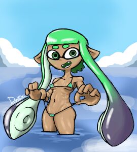 dus duskizi female flat_chest flat_chested inkling inkling_girl mesa_(dus) micro_bikini nintendo nipples nipples_visible_through_clothing original original_character smiling solo solo_female solo_focus splatoon transparent_clothing water_droplets wet_body