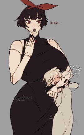 1boy 1girls big_breasts black_hair black_lipstick blonde_hair blush breasts dialogue doll_girl doll_joints dress english_text etoile_(gyarusatan) female grey_background gyarusatan hair_ribbon hi_res huge_breasts iskra_(gyarusatan) larger_female long_dress looking_at_viewer male nipple_bulge red_eyes size_difference smaller_male taller_female wide_hips