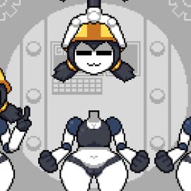 :3 animated ball_joints breasts cameltoe chubby clothed clothing double_v factory female gym_clothes hard_hat mob_face moxifloxi multiple_females multiple_girls octotron2000 pixel_art plump pussy robot robot_girl small_breasts thick_thighs twintails white_body wide_hips