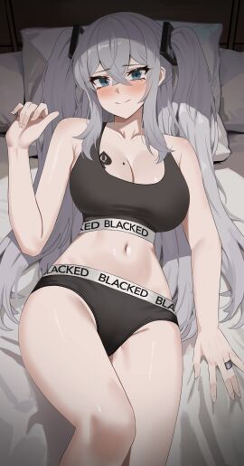 1girls azur_lane bangs bare_shoulders bed black_bra black_panties blacked blacked_clothing blue_eyes blush breasts calvin_klein cleavage commission cowboy_shot eagle_union_(azur_lane) edit edited female female_only grey_hair hair_ornament intrepid_(azur_lane) large_breasts light-skinned_female light_skin long_hair looking_at_viewer lying_on_back lying_on_bed midriff mole_on_breast nvl pillow queen_of_spades queen_of_spades_symbol queen_of_spades_tattoo ring sidelocks smile smiling_at_viewer solo stomach thighs third-party_edit two_side_up wedding_ring