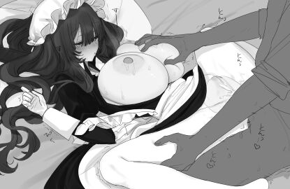 1boy 1boy1girl 1girls breasts breasts_out drooling dubious_consent eurasia_(wtp09ptw14) female francoise_(eurasia) grabbing_breasts huge_breasts long_hair lying_on_bed maid maid_headdress maid_uniform male missionary_position missionary_sex monochrome oc open_clothes original penetration pussy ripped_pantyhose sex sleeping sweat sweatdrop twitching vaginal_penetration wtp09ptw14