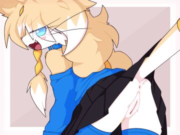 accessory anus ass bedroom_eyes bell bell_collar blue_eyes bottomwear caramel_(delusional) clothed clothing collar domestic_cat felid feline felis female fluffy fur furgonomics genitals hair hi_res jewelry km-15 legwear long_hair long_tail looking_at_viewer looking_back mammal narrowed_eyes open_mouth presenting presenting_hindquarters presenting_pussy pussy ragdoll_cat raised_bottomwear raised_clothing raised_skirt raised_tail ring seductive simple_background skirt stockings sweater tail tail_accessory tail_jewelry tail_ring tan_body tan_fur topwear upskirt whiskers white_body white_fur