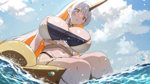 1_horn 1girls afloat ahonoko bare_thighs big_breasts bikini black_bikini black_bikini_top black_swimsuit blue_sky breasts cleavage cloud colored_inner_hair female female_only fire_emblem fire_emblem_heroes from_below grey_bikini grey_hair grey_swimsuit gullveig_(fire_emblem) highres horns huge_breasts inflatable_raft inflatable_toy multicolored_bikini multicolored_clothes multicolored_hair navel nintendo ocean orange_hair outdoors sky solo streaked_hair swimsuit thighs wet white_hair yellow_eyes