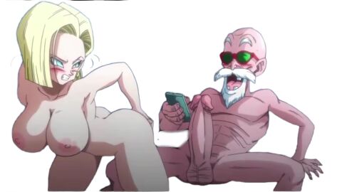 1boy android_18 ass bald balls beard bent_over blonde_hair blue_eyes blush breasts cellphone clenched_teeth completely_nude dragon_ball duo earrings erection facial_hair female holding holding_phone jewelry large_breasts large_penis male master_roshi moustache nipples nude old older_male_and_younger_female penis phone short_hair smartphone straight sunglasses teeth uncensored wrinkled_skin yamamoto_doujin