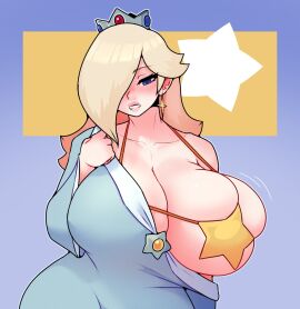 1girls 2d blonde_female blonde_hair blue_clothing blue_dress blue_eyes bra breasts breasts_bigger_than_head busty crown dabble female female_only huge_breasts mario_(series) princess princess_rosalina solo tagme top_heavy
