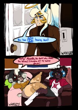 2024 3_eyes 3_toes 3boys andrew_(hellhoundzzzzz) angel angel_wings anthro artist_signature ass bare_thighs blue_eyes blush canine chubby_anthro chubby_male clothed coat collar comic_page cross crossdressing dedoggyskullz dress_shirt eyebrows feet_on_legs feline femboy furry gay girly halo headphones heart_symbol hellhoundzzzzz heterochromia huge_ass huge_hips huge_thighs long_hair male male/male meme missielle_(wkkeezy) moochi_(deaddoggyskullz) multi_eye reference shirt shorts sitting sitting_on_couch size_difference speech_bubble stockings sweater tablet tail text thighhighs voluptuous_male wkkeezy_(artist) yellow_eyes