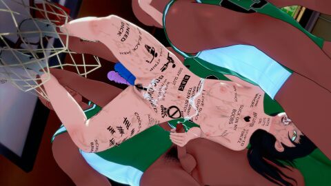 3d 3d_(artwork) anime anime_style basketball_hoop blowjob body_markings body_writing bodypaint chainsaw_man cum_in_mouth cum_on_body dark-skinned_male dark_hair dark_skin female gangbang goldieecchi held_up koikatsu koikatsu! light-skinned_female light_skin male mitaka_asa raceplay self_upload twintails upside-down