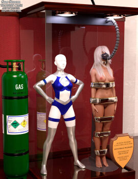 1girls 3d boob_window bound bound_arms bound_legs breasts exhibit exposed fantastic_four female female_only full_body gas_mask human human_only invisible_woman leotard mannequin marvel marvel_comics midriff nude nude_female restrained solo sue_richards sue_storm sue_storm_90s_costume superheroine thejpeger unconscious