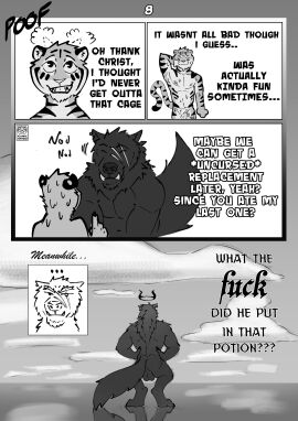 absurd_res anthro backsack balls bodily_fluids canid canine canis comic darius_(picantetortuga) demon dialogue digital_media_(artwork) dream duo ear_piercing ear_ring english_text erection facial_scar felid genitals halo hi_res humanoid humanoid_genitalia hypnosis inner_monologue juno_(picantetortuga) magic male male/male mammal mind_control monochrome muscular mythological_canine mythological_creature mythology nipple_piercing nipples nod nodding nude open_mouth pantherine penile penis picantetortuga piercing ring_piercing scar simple_background smile sound_effects speech_bubble sweat sweating_profusely tail teeth text thinking tiger tongue tusks werecanid werecanine werecreature wolf