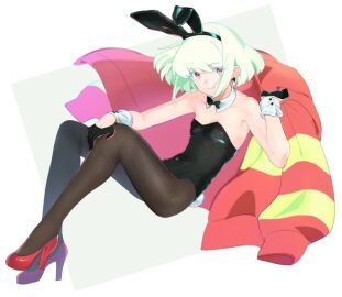 1boy androgynous bunny_costume bunny_ears bunnysuit clothed clothing crossdressing femboy femboy_only heels jacket lio_fotia petite petite_body petite_male playboy_bunny promare slim slim_male slim_waist solo twink