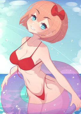 1girls bikini bikini_bottom bikini_top blue_eyes boobs breasts doki_doki_literature_club female female_only fiera_(artist) sayori_(doki_doki_literature_club) short_hair solo solo_female solo_only strawberry_blonde_hair teeth thong thong_bikini