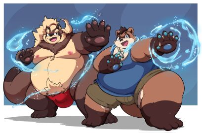 2025 anthro anthro_only belly big_belly bottomwear brown_body brown_fur bulge canid canine clothing duo fur goemon_(tas) goemon_(tokyo_afterschool_summoners) hi_res kemono kusosensei lifewonders magic male male_only mammal moobs nipples overweight overweight_male raccoon_dog shirt shorts tanuki tokyo_afterschool_summoners topwear