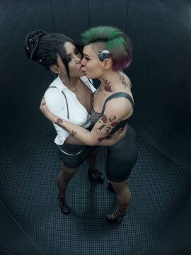 cd_projekt_red checkpik cybernetics cyberpunk_2077 earrings elevator green_and_purple_hair high_heels hoop_earrings judy_alvarez kissing_while_hugging lesbian_kiss nose_piercing office_clothing panam_palmer tattoo_on_arm tattoo_on_back tattoo_on_breast tattoo_on_neck voyeur_pov yuri