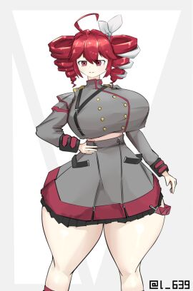 1girls 2d 2d_(artwork) ahoge big_breasts big_thighs bottom_heavy breast_curtains breasts crop_top cropped_jacket curvaceous curvy curvy_female curvy_figure exposed_belly female female_only hair_ornament hairbow hand_on_hip hourglass_figure huge_breasts huge_thighs ineffective_clothing kasane_teto kasane_teto_(sv) l_639 large_breasts large_thighs miniskirt red_eyes red_hair simple_background skirt slim_waist solo solo_female synthesizer_v thick_thighs thighs twin_drills utau voluptuous voluptuous_female white_background wide_hips