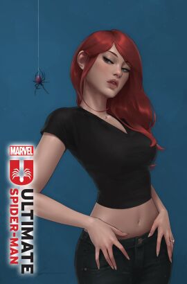 1girls 3d black_shirt blue_eyes blue_jeans breasts female green_eyes jeans jee-hyung_lee large_breasts light-skinned_female light_skin long_hair married married_female marvel marvel_comics mary_jane_watson milf naughty_face navel official_art pale-skinned_female pale_skin petite red_hair redhead ring seductive_eyes seductive_look shirt skinny slim spider spider-man_(series) ultimate_spider-man ultimate_spider-man_(2024) wedding_ring wide_hips
