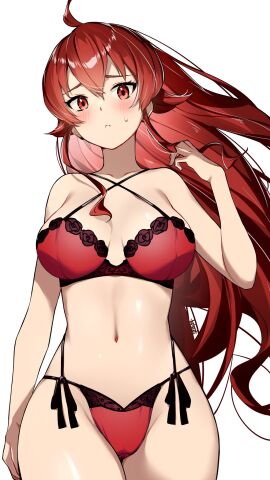 1girls ahoge alternate_costume blush bra breasts cross-laced_clothes eris_greyrat female female_focus floating_hair gluteal_fold hair_between_eyes highres keisuke_tochi large_breasts lingerie long_hair looking_at_viewer mushoku_tensei navel panties red_bra red_eyes red_hair red_panties revision side-tie_panties signature simple_background solo standing sweat thighs underwear underwear_only