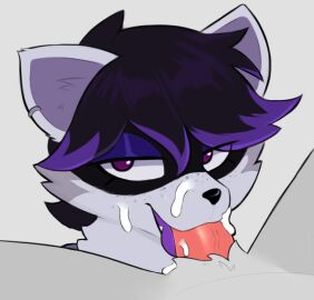 anthro arteficialtrees bedroom_eyes blowjob bodily_fluids chest_tuft cum cum_on_face cum_on_penis ear_piercing ear_ring eyelashes eyelashes_through_hair eyeliner fangs fellatio freckles fur genital_fluids genitals hair hair_shine licking looking_at_viewer makeup male male/male mammal narrowed_eyes oral oral_penetration original original_character panickew penetration penile penis penis_in_mouth penis_lick piercing procyonid purple_body purple_fur purple_hair purple_tongue raccoon ring_piercing seductive sex solo teeth tongue tongue_out tongue_out_blowjob translucent translucent_hair tuft youtuber