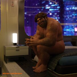 1boy 3d 3d_(artwork) 3d_model cityscape cyberpunk hairy hairy_body hairy_male half-human half-orc hybrid indoor_nudity indoors male male_focus male_only male_solo no_visible_genitalia oc original original_character solo solo_focus solo_male wereorc_(artist)